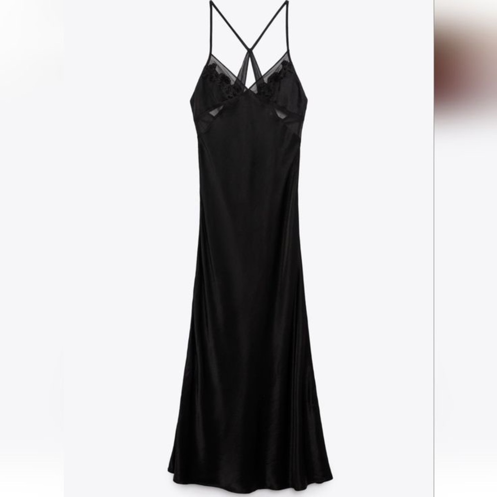 Zara Embroidered Satin Effect Dress- BLACK